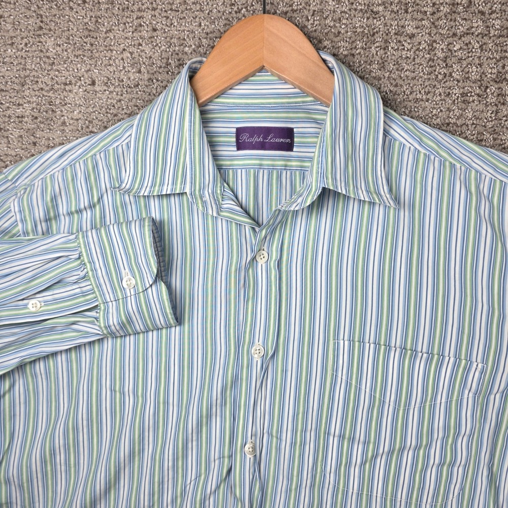 Ralph Lauren Purple Label Mens Large Blue Green Striped Cotton Button Down Shirt